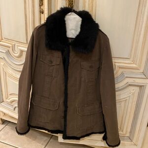 Miss Me unplugged taupe coat with black fur lining and trim